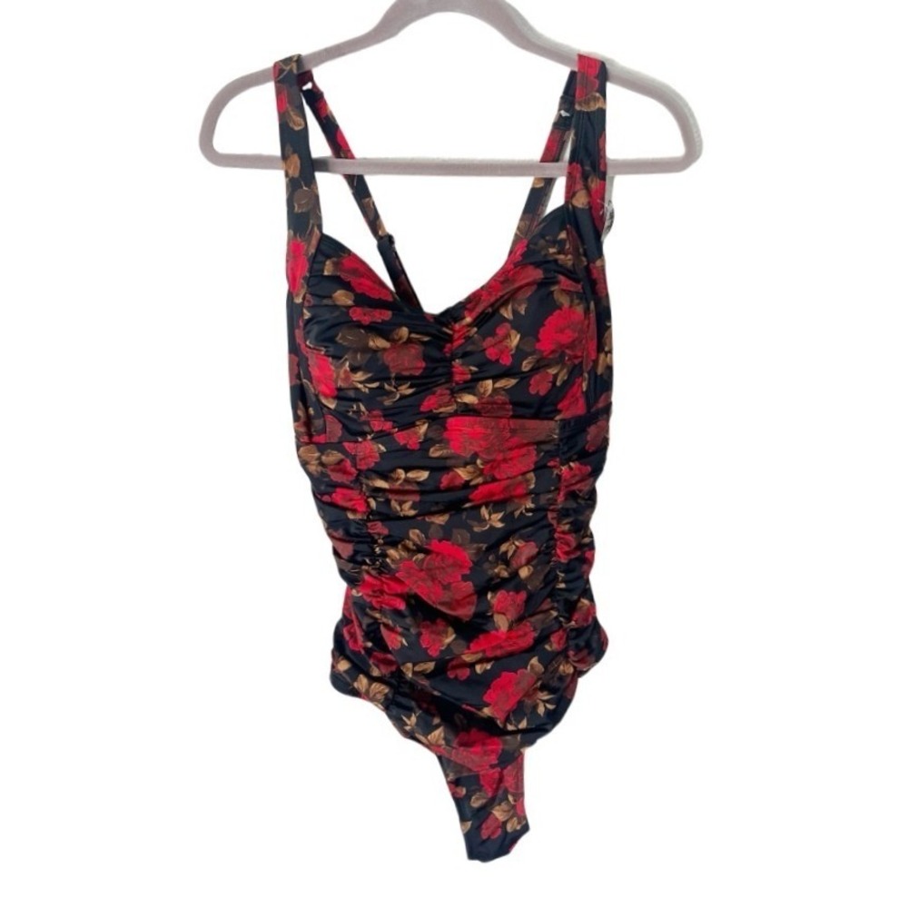 Torrid Retro Ruched One Piece Swimsuit Red Rose Floral Black Size 2X NWT Pin Up